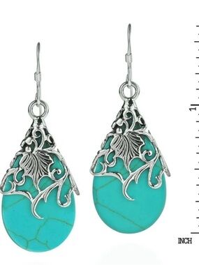 Sterling Filigree Teardrop Turquoise Stone Earrings